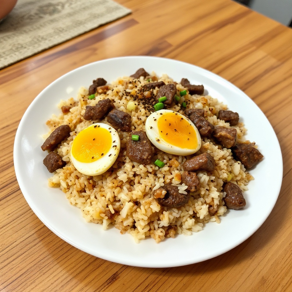 Herzhafter Rindfleisch- und Eier-Reis