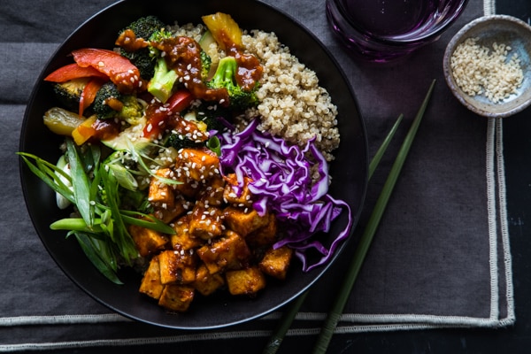 Korean Barbecue Tofu Bowls with Vegetables and Quinoa