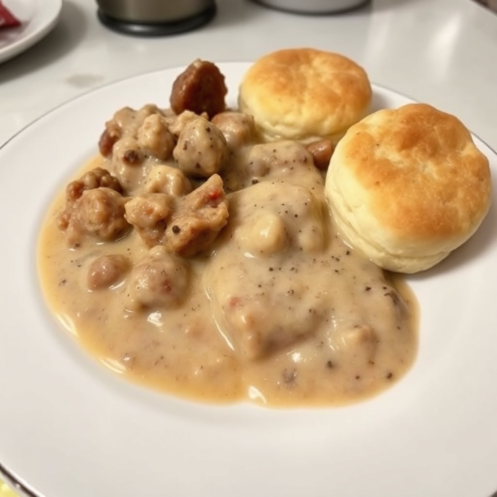 Herzhafter Wurstsoße mit Brötchen