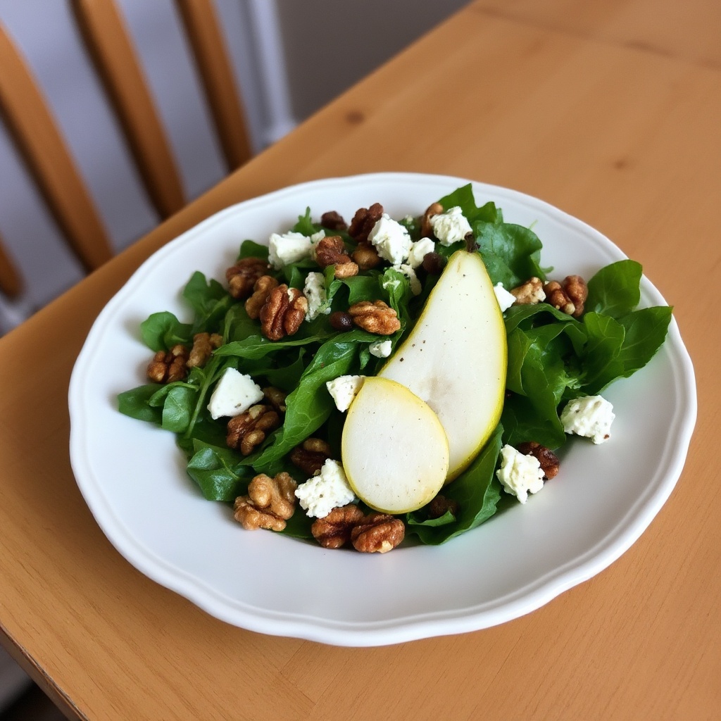 Gemischter Salat mit Birnen, Blauschimmelkäse und kandierten Walnüssen