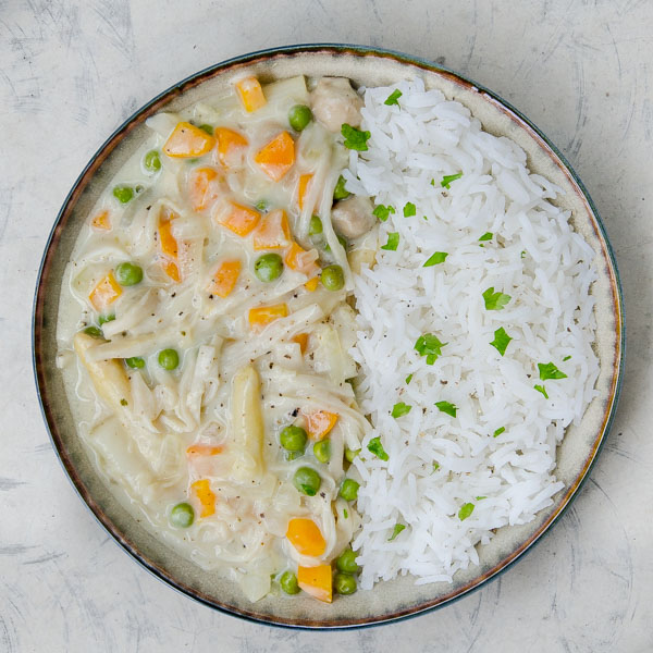 Vegan Chicken Fricassee with King Oyster Mushrooms
