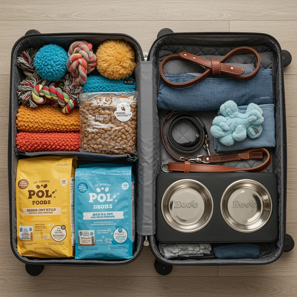 An organized suitcase filled with a dog's travel essentials including food bags, toys, a leash, and bowls, ready for a trip, adults only, no children