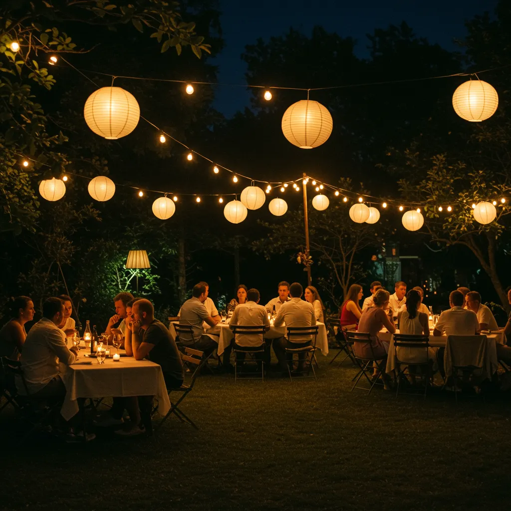 An outdoor dining area at night, lit by hanging string lights and lanterns, creating a relaxed atmosphere