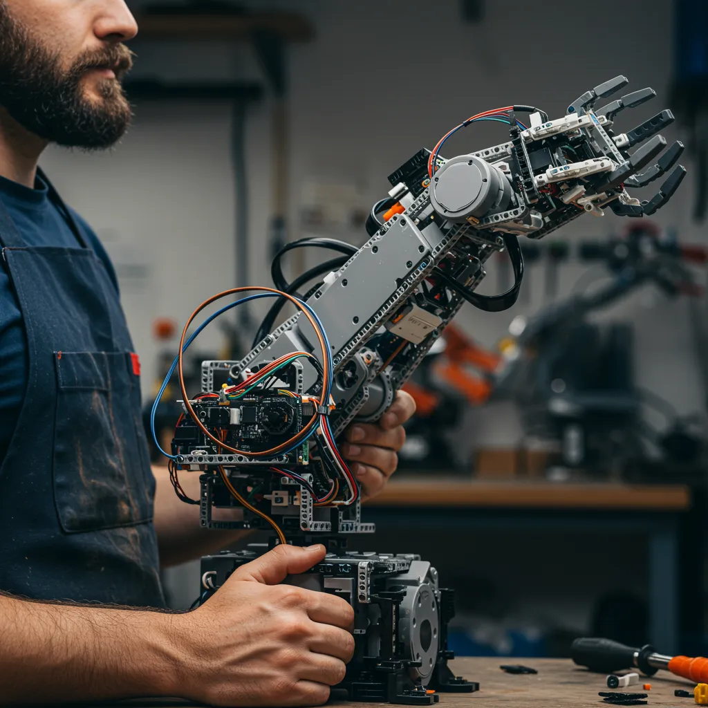 Side view of an adult holding a complex robotic arm made of various components, demonstrating the intricate engineering possible with these kits.