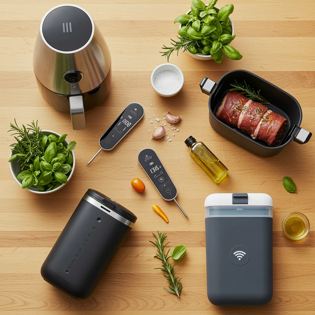Stylized flat lay photograph on a warm, light oak butcher block counter. Showcase a collection of 3-4 modern, 'smart' kitchen gadgets for healthy cooking and easy cleanup. Examples include a wireless meat thermometer with a digital display, a compact air fryer, and a silicone food storage container with a smart tracking label. Arrange them artfully with fresh herbs (rosemary, basil) and a few drips of olive oil. Lighting is studio soft and even, minimizing shadows to highlight the clean lines and varied materials (stainless steel, matte black, silicone). Composition is top-down, clean, and organized, suitable for an editorial header or sidebar. adults only, no children.
