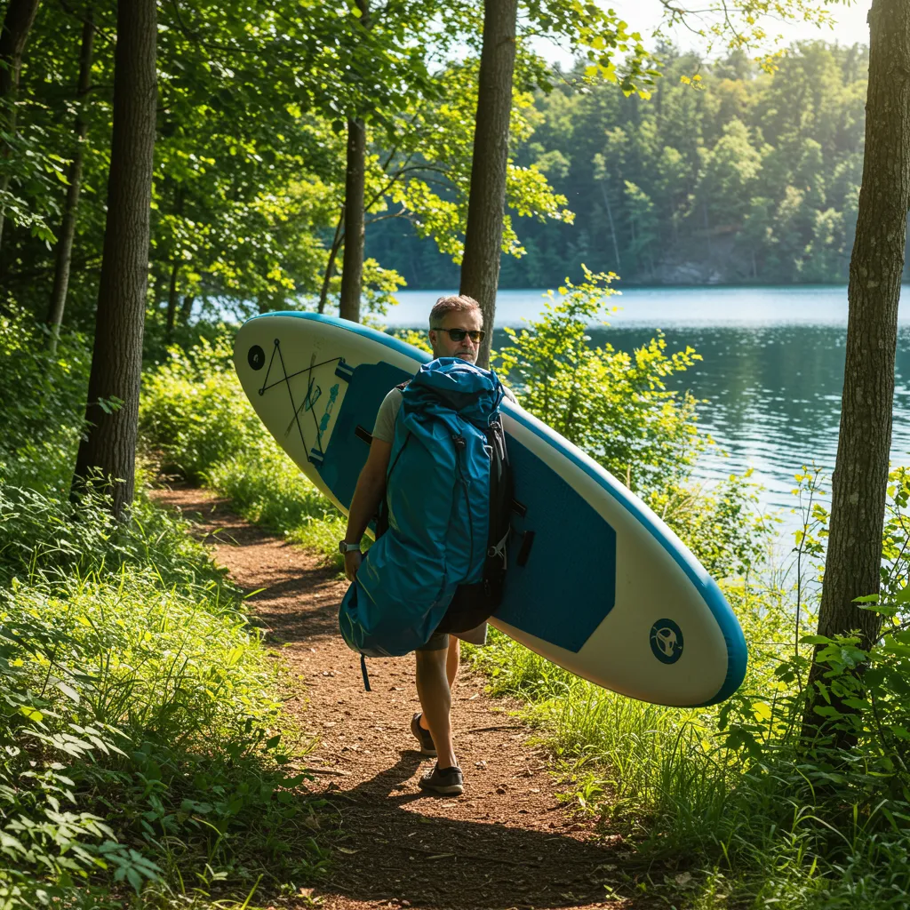 Adult individual carrying a deflated paddleboard in a backpack along a trail near water. No children.