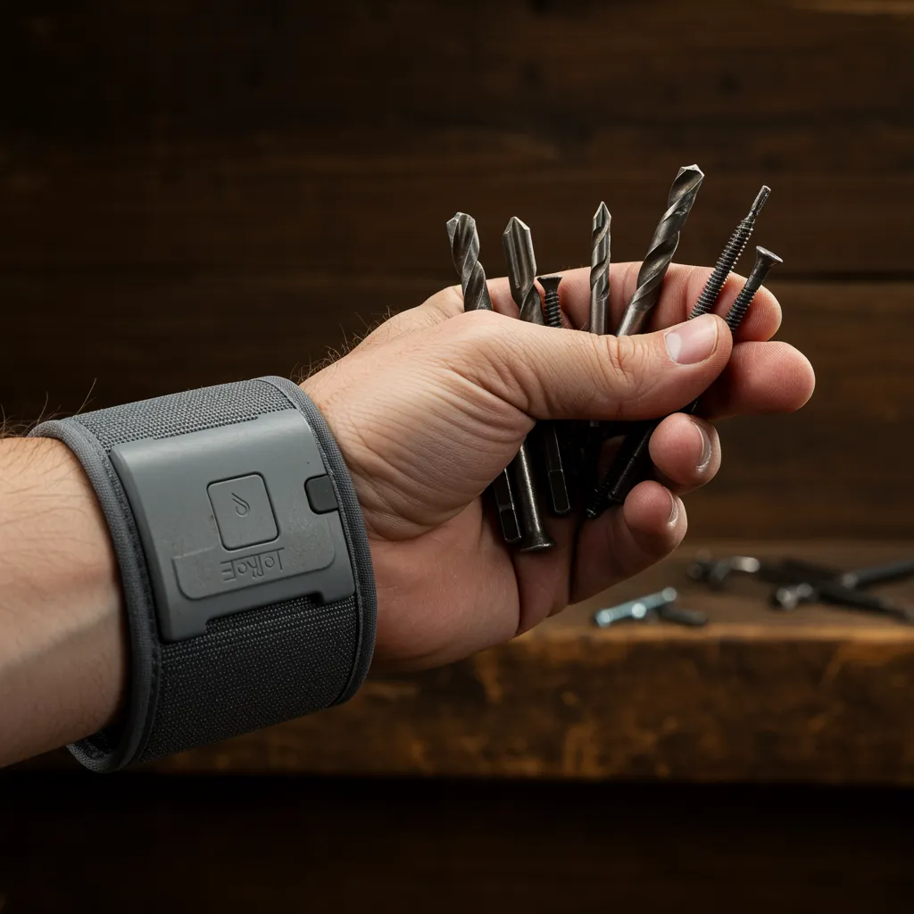 Close up of a hand wearing a grey magnetic wristband, holding various sizes of drill bits and screws, against a wooden workbench background, studio lighting, adult hand