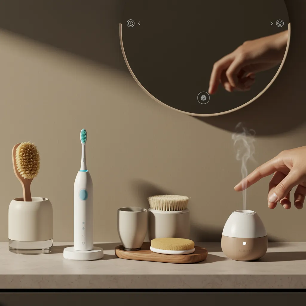 A stylish, organized bathroom vanity bathed in warm, diffused light. Various smart hygiene gadgets are subtly integrated into the scene: perhaps a smart toothbrush on its base, a sophisticated smart mirror displaying information, and a small, elegant smart diffuser in the corner. The composition highlights the seamless integration of technology into a personal routine, emphasizing efficiency and luxury. The color palette is muted and calming, suggesting a stress-free environment. Include a partial view of an adult forearm adjusting a setting, blurred for focus. Editorial style, high-quality, adults only, no children.