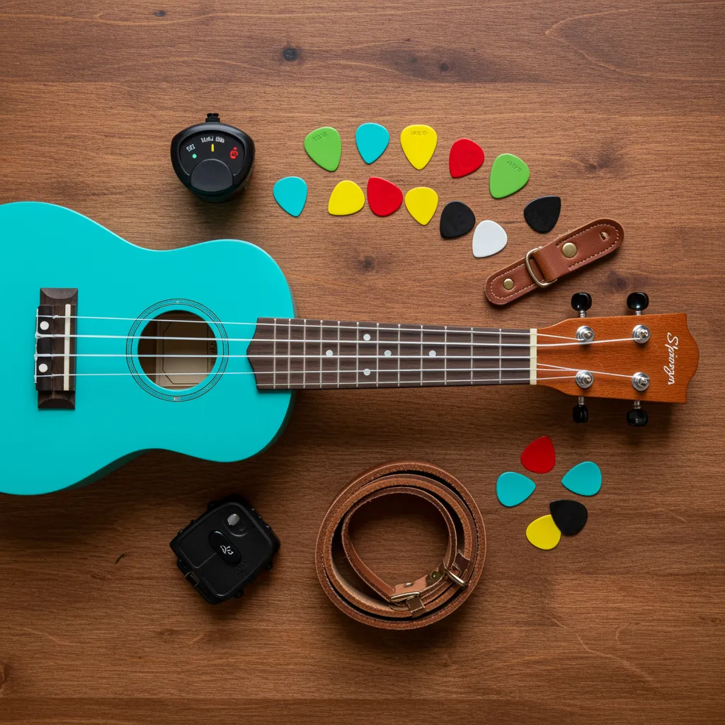 Flat lay arrangement of ukulele accessories like a tuner, strap, and picks