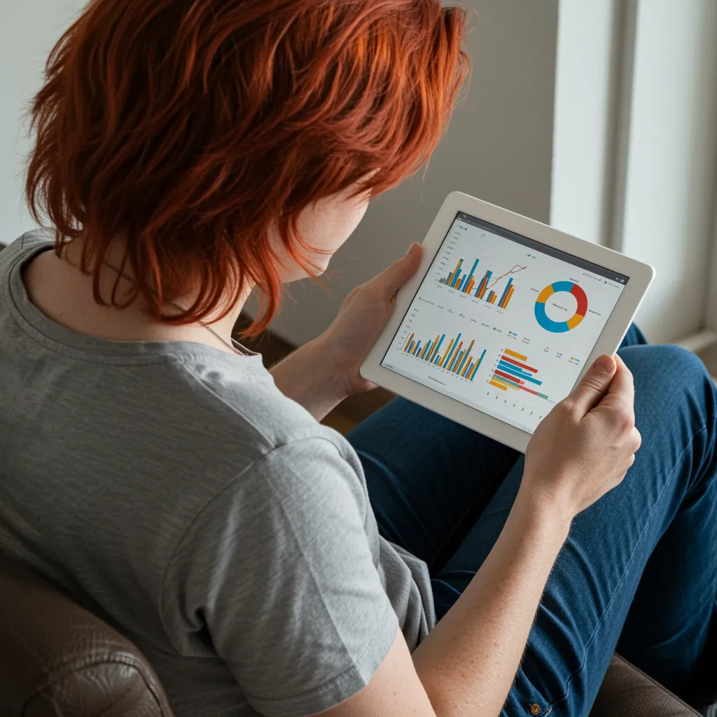 An adult interacting with a tablet displaying graphs and charts, no children visible.