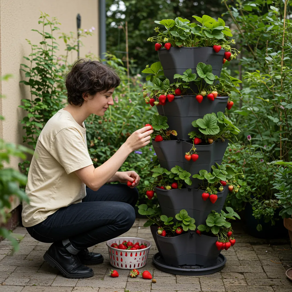A young adult harvesting fresh strawberries from a tiered stackable vertical garden planter on a small patio, lush foliage visible in the background.