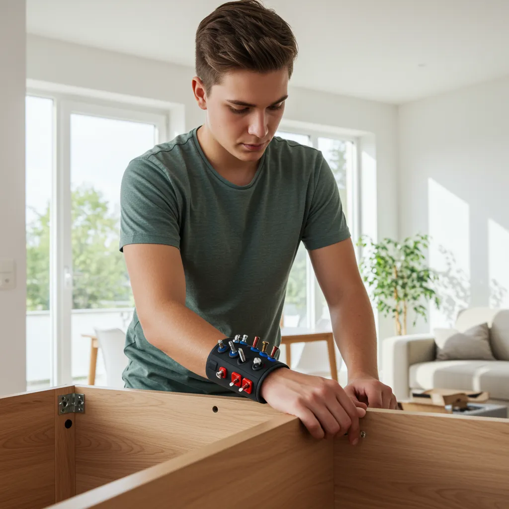 A person wearing a magnetic wristband while assembling furniture, holding screws on the wristband, in a bright, modern living room, realistic lighting, adult only
