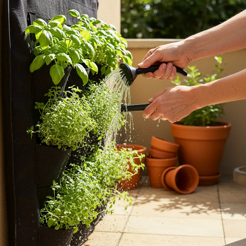 Adult hands carefully watering herbs in a vertical wall-mounted fabric planter on a sunny patio, terracotta pots visible in the background.