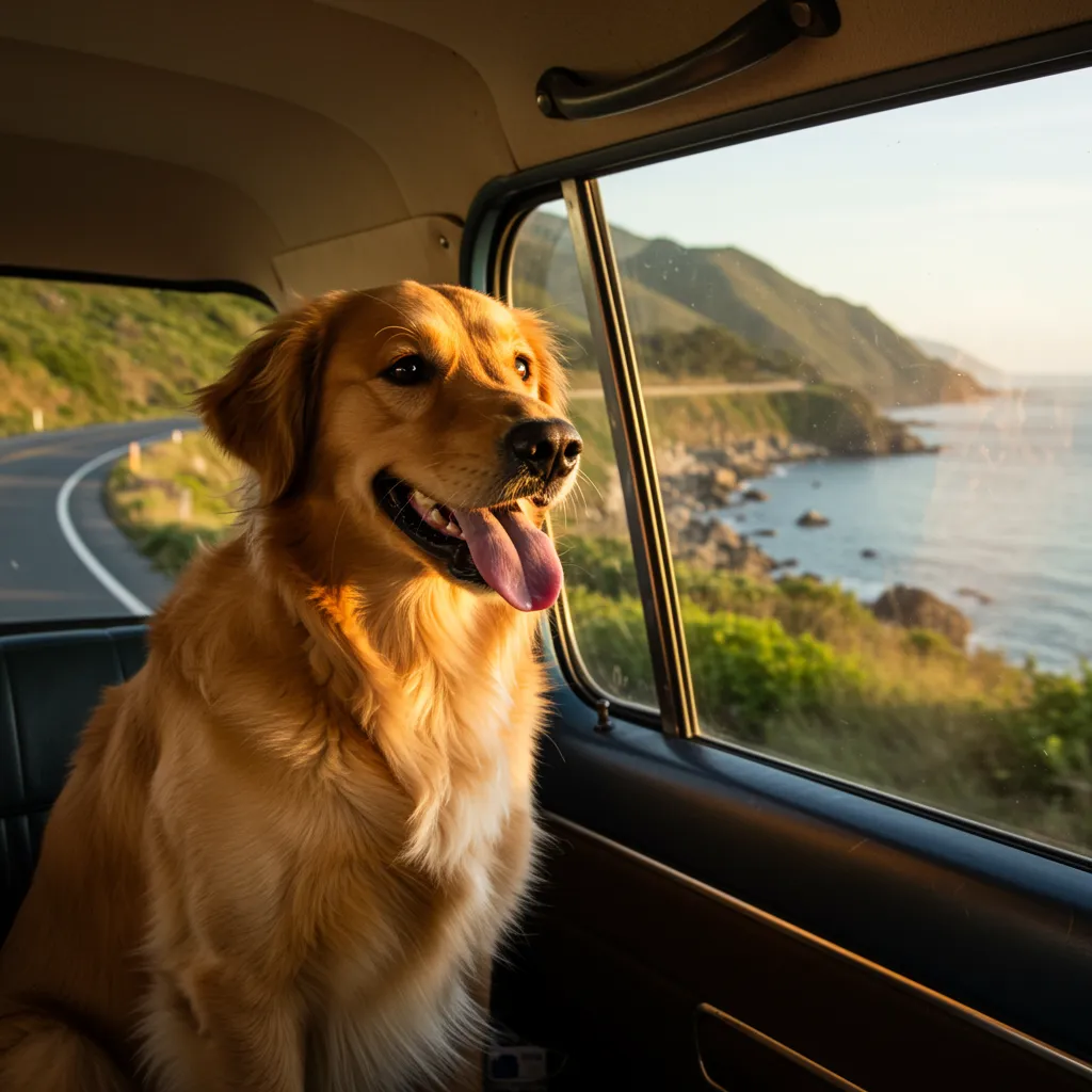 A happy golden retriever sitting in the back of a car, looking out the window with a slightly blurred background of a scenic road, adults only, no children