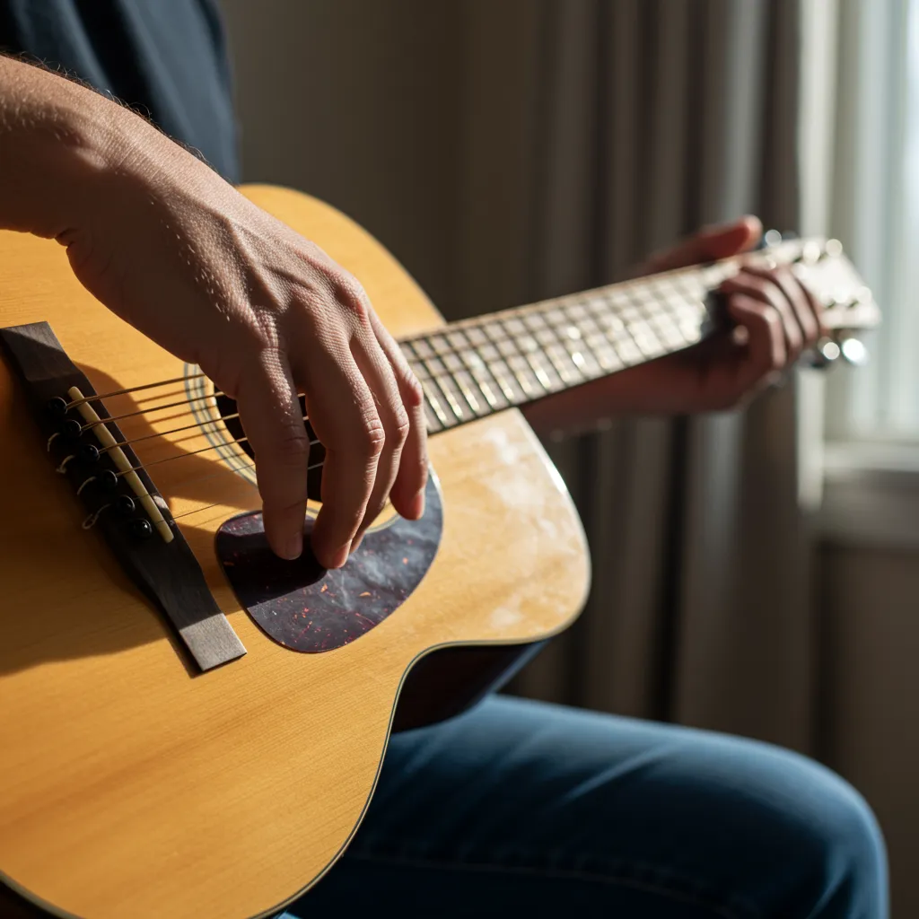 Detailed shot of an adult's hands gently resting on the fretboard of a beautiful, well-lit acoustic starter guitar. The guitar is a warm, honey-colored wood with a matte finish. Soft, natural light spills from a nearby window, highlighting the texture of the wood grain and casting subtle shadows. The background is a tastefully blurred interior, suggesting a cozy home environment. The composition is intimate and focused on the interaction with the instrument, conveying the beginning of a musical journey. Adults only, no children.