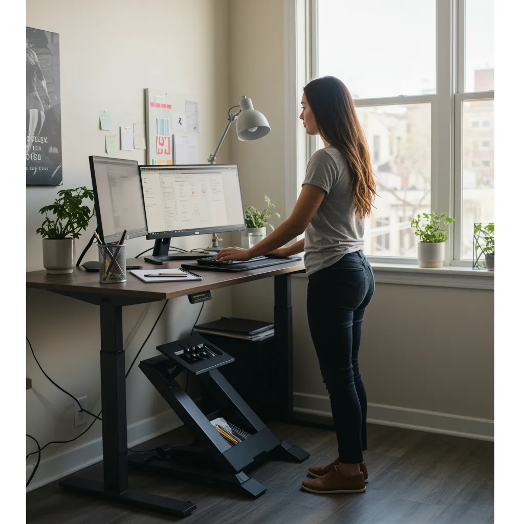 Woman working comfortably at a standing desk converter with dual monitors
