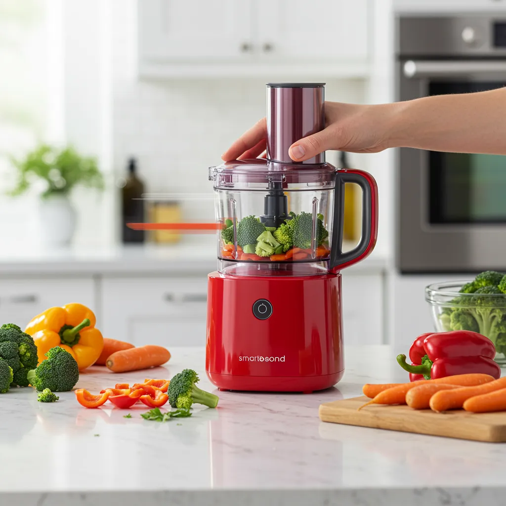 Dynamic editorial photograph in a contemporary, bright kitchen. Focus on an adult hand expertly using a sleek, a vibrant red smart food processor on a polished white quartz countertop. Scattered around are colorful, prepped vegetables (broccoli florets, red bell pepper chunks, sliced carrots), suggesting efficient healthy cooking. Soft overhead lighting highlights the textures and colors, creating a clean and inviting atmosphere. Include a blur of motion around the food processor blade to emphasize speed. The background shows hints of other modern kitchen appliances. Composition is eye-level and slightly angled for visual interest. adults only, no children.