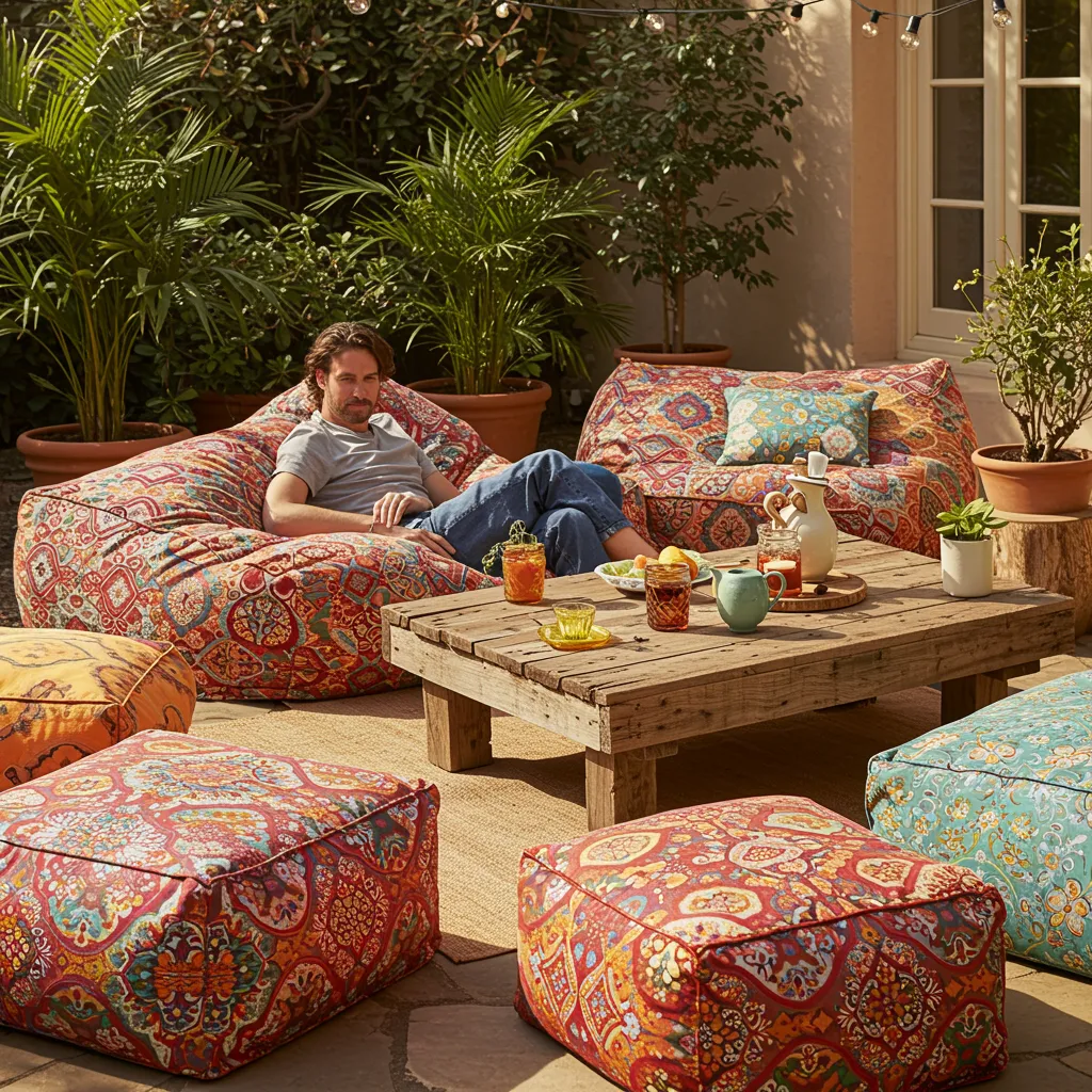 Bright, inviting photograph of a bohemian-style outdoor living space. A comfortable adult figure is shown sinking into a vibrant, patterned floor cushion on a stone patio during a sunny afternoon. Several other large, colorful outdoor bean bags are visible in the foreground and background, arranged around a low, rustic coffee table made of repurposed wood. The setting includes potted plants and string lights subtly integrated into the scene, creating a warm, casual, and cozy atmosphere. Adults only, no children.
