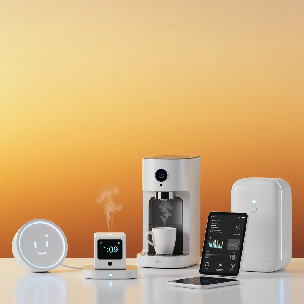 A stylized, slightly blurred background featuring a warm, sunrise-toned gradient transitioning from soft oranges to pale yellows, symbolizing the start of a new day. In the foreground, a selection of modern, sleek smart morning gadgets (e.g., a minimalist smart alarm clock displaying a calm light, a chic smart coffee maker with steam gently rising, a futuristic smart mirror frame showing subtle data overlays) are artfully arranged on a smooth, matte white surface. The lighting is soft, diffused, and highlights the clean lines of the gadgets. The overall composition is clean, aspirational, and editorial, focusing on the ease and calm promised by automation. Adults only, no children.
