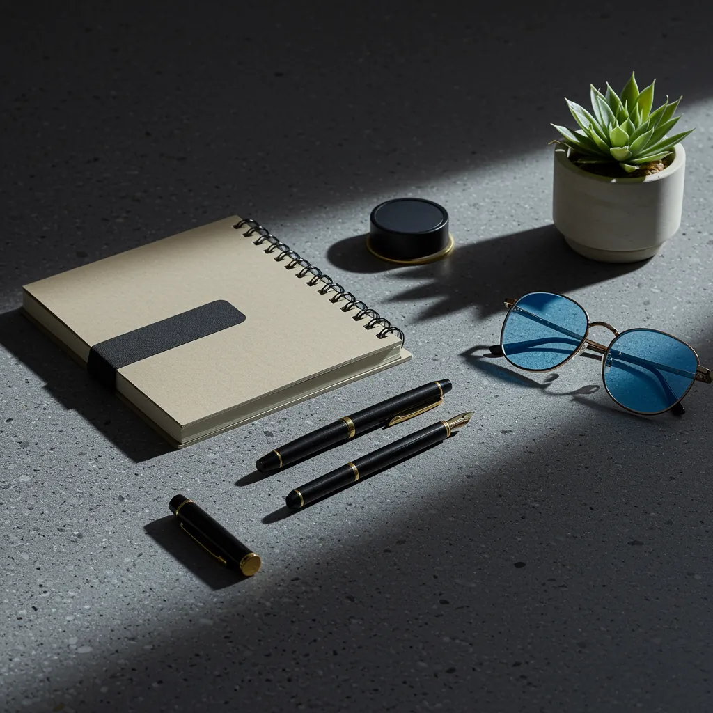 Stylish editorial image of essential desk items (such as a high-quality notebook, fountain pen, small plant, and blue light blocking glasses) artfully arranged on a cool-toned, speckled concrete desk surface. Dramatic side lighting creates strong shadows and highlights, emphasizing texture and form. The composition is a flat lay or a close-up with shallow depth of field. Colors are muted and sophisticated. Include adults only, no children.