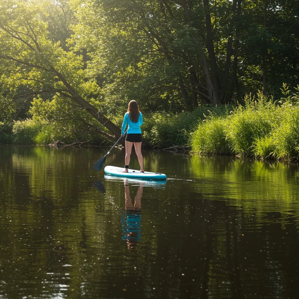 Adult woman paddleboarding on a calm river, viewed from the side. No children.