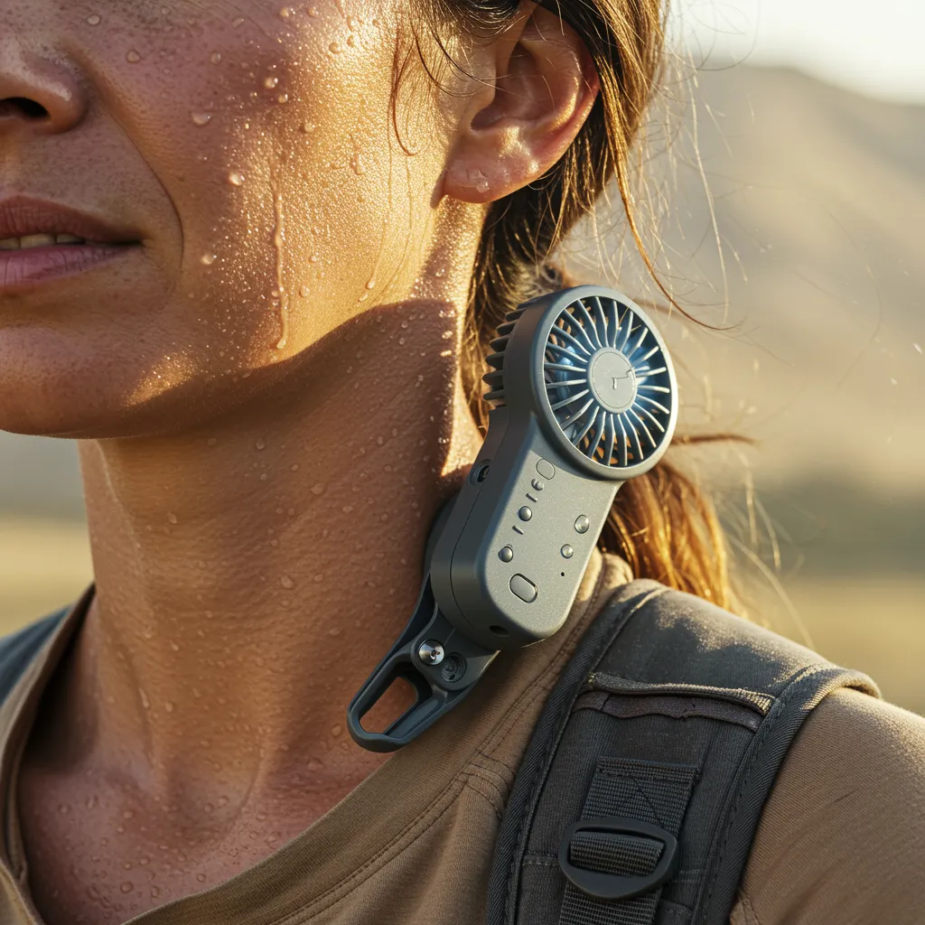 Close-up, editorial-style image of an adult, female adventurer's face being cooled by a small, portable, clip-on fan attached to her shirt collar. Her hair is slightly wind-blown, and there are subtle beads of sweat on her skin. The background is a softly blurred outdoor setting, suggesting a warm environment. Soft, diffused lighting emphasizes the relief from the heat. Adults only, no children.