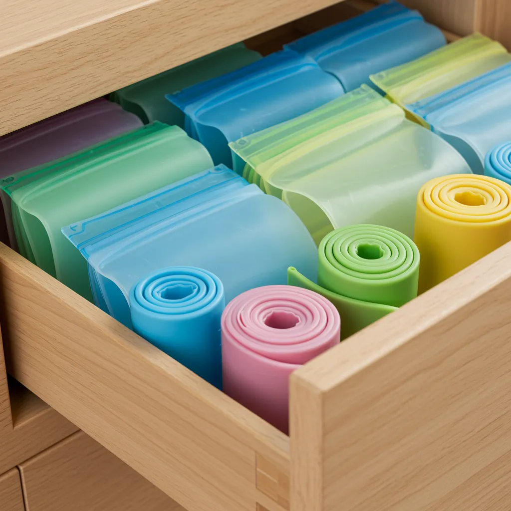 Various sizes of colorful silicone food storage bags neatly organized in a kitchen drawer. The bags are stacked and some are rolled, showcasing tidy storage solutions.