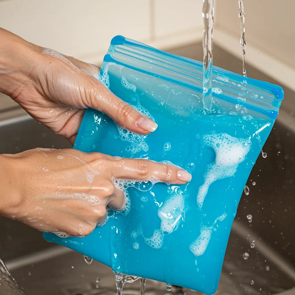 A person handwashing a bright blue silicone food storage bag under running water with soap suds.