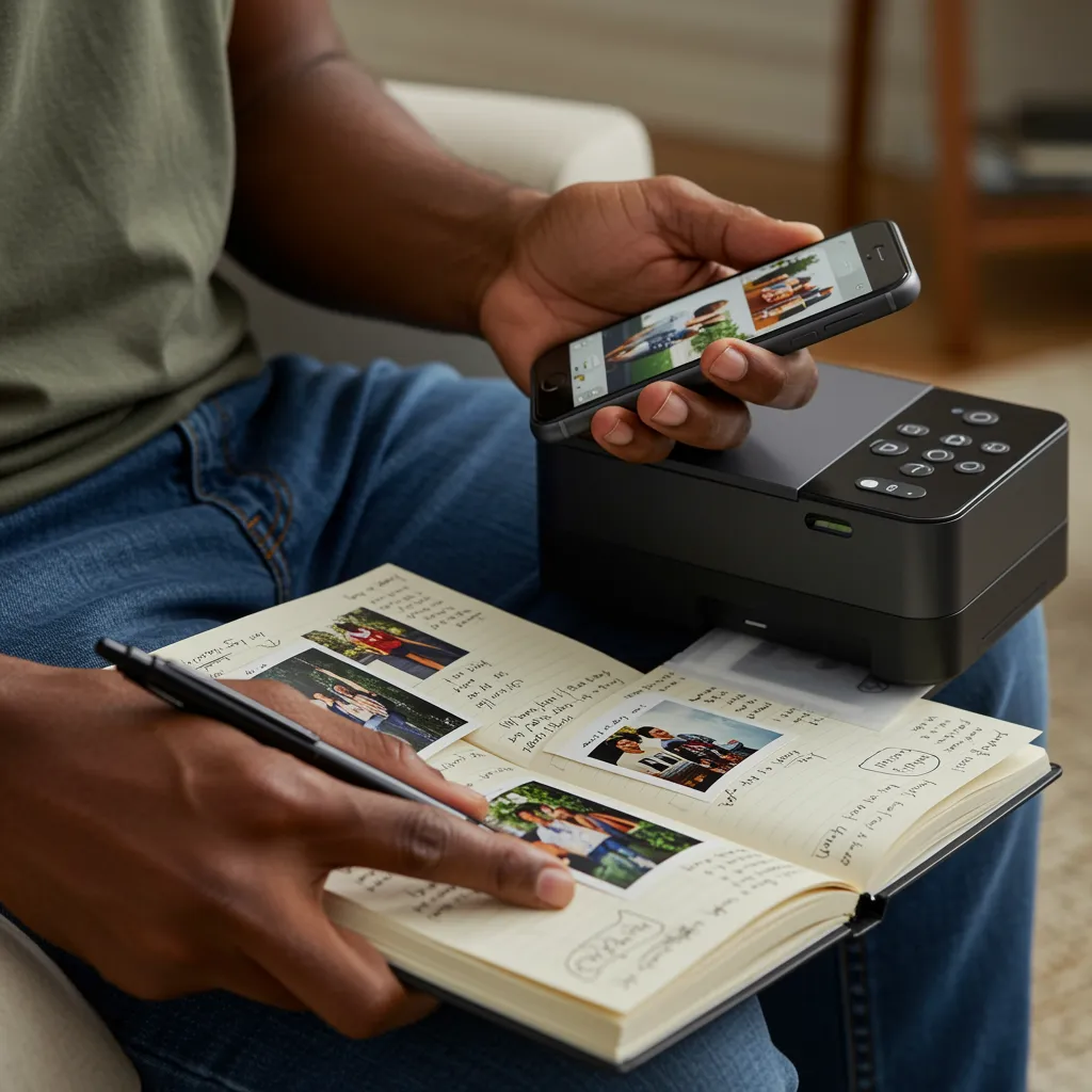 An adult creating a photo journal, using a portable printer to add recently taken photos. Hands using the printer and phone are visible. No children.