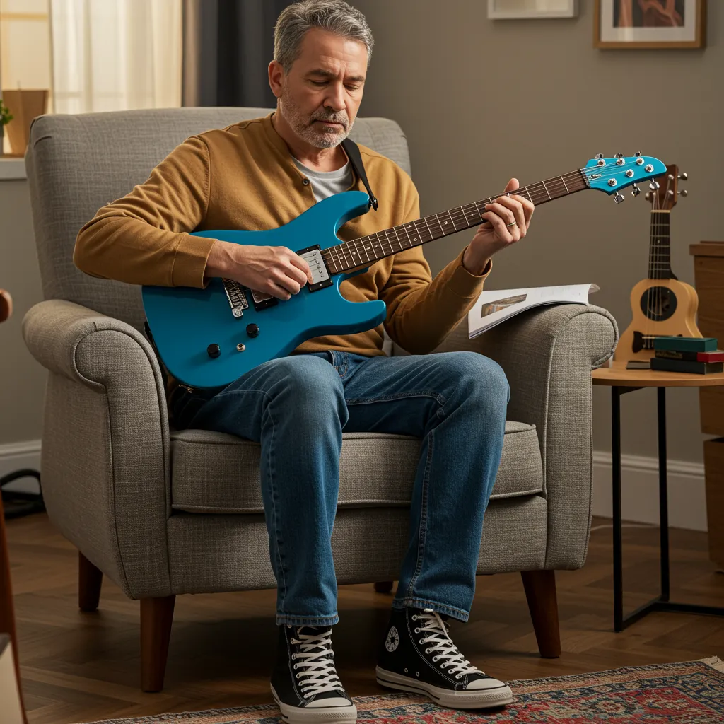 An editorial style image of an adult seated in a comfortable chair, holding a stylish electric starter guitar in a vibrant, deep blue finish. The setting is a relaxed, modern living space with soft, diffused overhead lighting. The focus is on the individual and the instrument, creating a sense of contemplation and readiness to learn. The background includes subtle hints of musical accessories or decor, but remains uncluttered. The composition is balanced and inviting, suitable for article illustration. Adults only, no children.