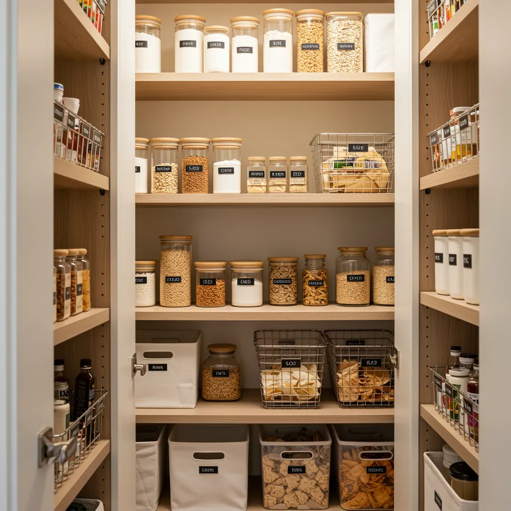 A beautifully organized pantry interior, seen through an open doorway. The shelves are filled with various aesthetically pleasing containers: glass jars with bamboo lids holding dry goods, wire baskets neatly stacked, clear acrylic bins for snacks. The color palette is soft and natural, with light wood shelving and subtle labels. Warm, natural light streams in from an unseen window, highlighting the cleanliness and order. Focus on the visual appeal of the organized space and the types of organizers used, editorial style, adults only, no children.