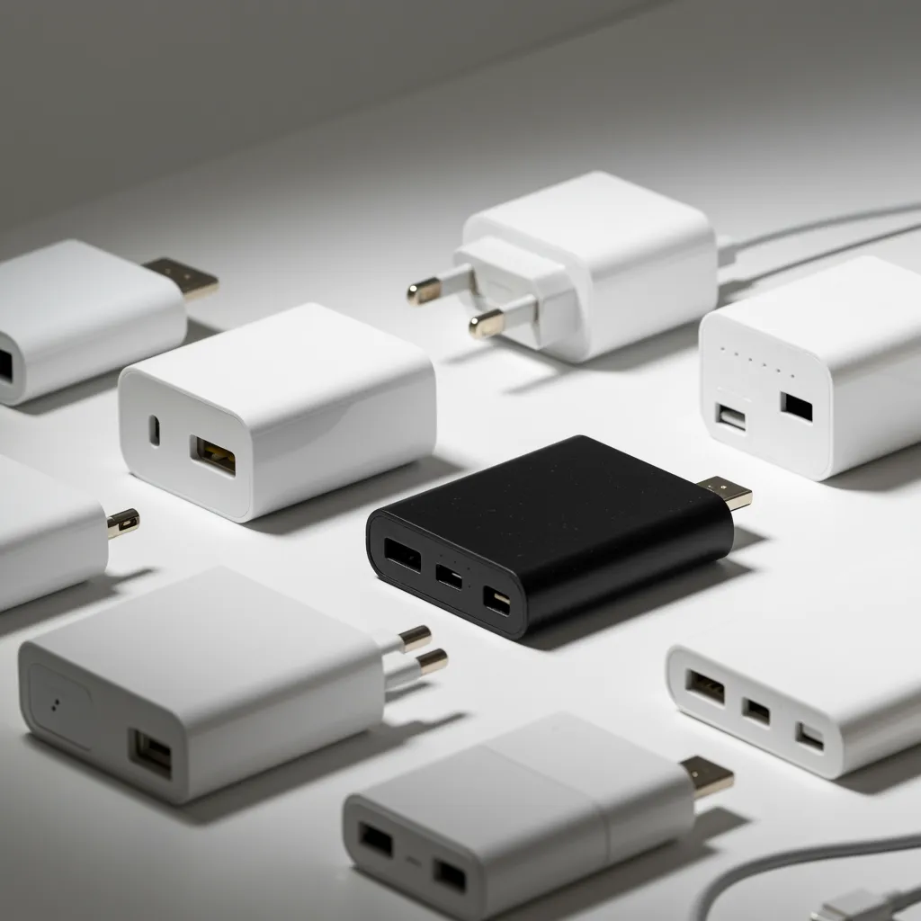 A collection of modern phone chargers and power banks neatly arranged on a clean white surface with soft lighting. The image has a professional and organized feel, showcasing various sizes and types of chargers, adults only, no children