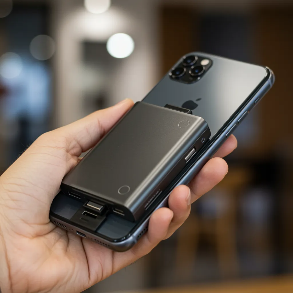 A hand holding a compact magnetic power bank attached to the back of a modern smartphone while the phone is propped up using the power bank's built-in stand. The background is a blurred indoor setting, adults only, no children
