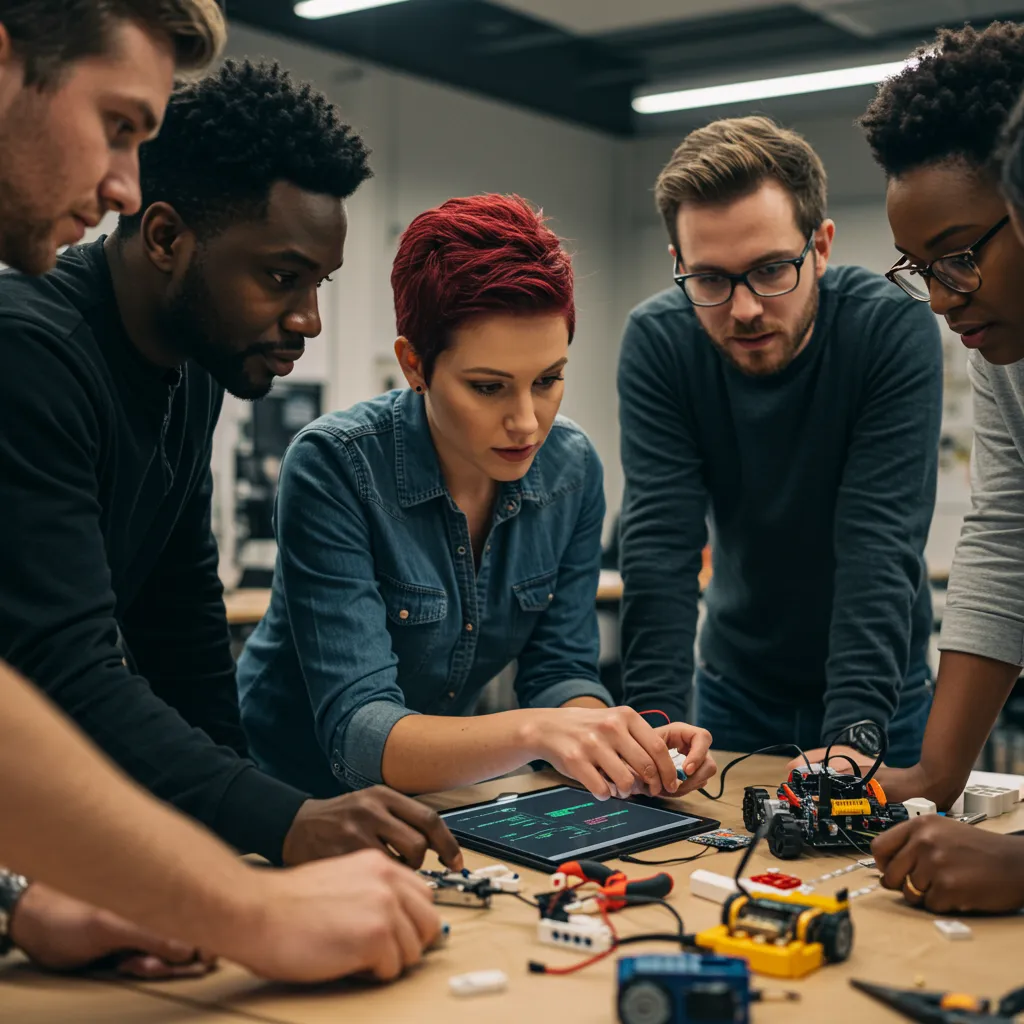 A group of adults gathered around a table, intently focusing on small robotic parts and a tablet displaying code, illustrating the detailed work involved in robotics.