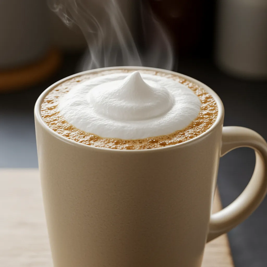 A steaming mug of coffee topped with thick, creamy milk foam, ready to drink.
