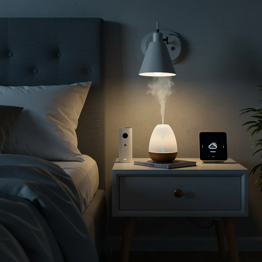 An atmospheric, contemporary bedroom scene captured during the early morning light, depicting a sense of tranquility and effortless routine. A hint of a modern bed with crisp linens is visible. Dominant features include strategically placed smart gadgets: a bedside smart light emanating a gentle, warm glow; a elegant smart diffuser emitting a light mist; and perhaps a simple, unobtrusive smart display on a minimalist nightstand showing a weather icon. The color palette is serene with soft neutrals like grays, whites, and muted blues, accented by the warm light of the technology. Composition is clean and uncluttered, implying a streamlined morning. Adults only, no children.