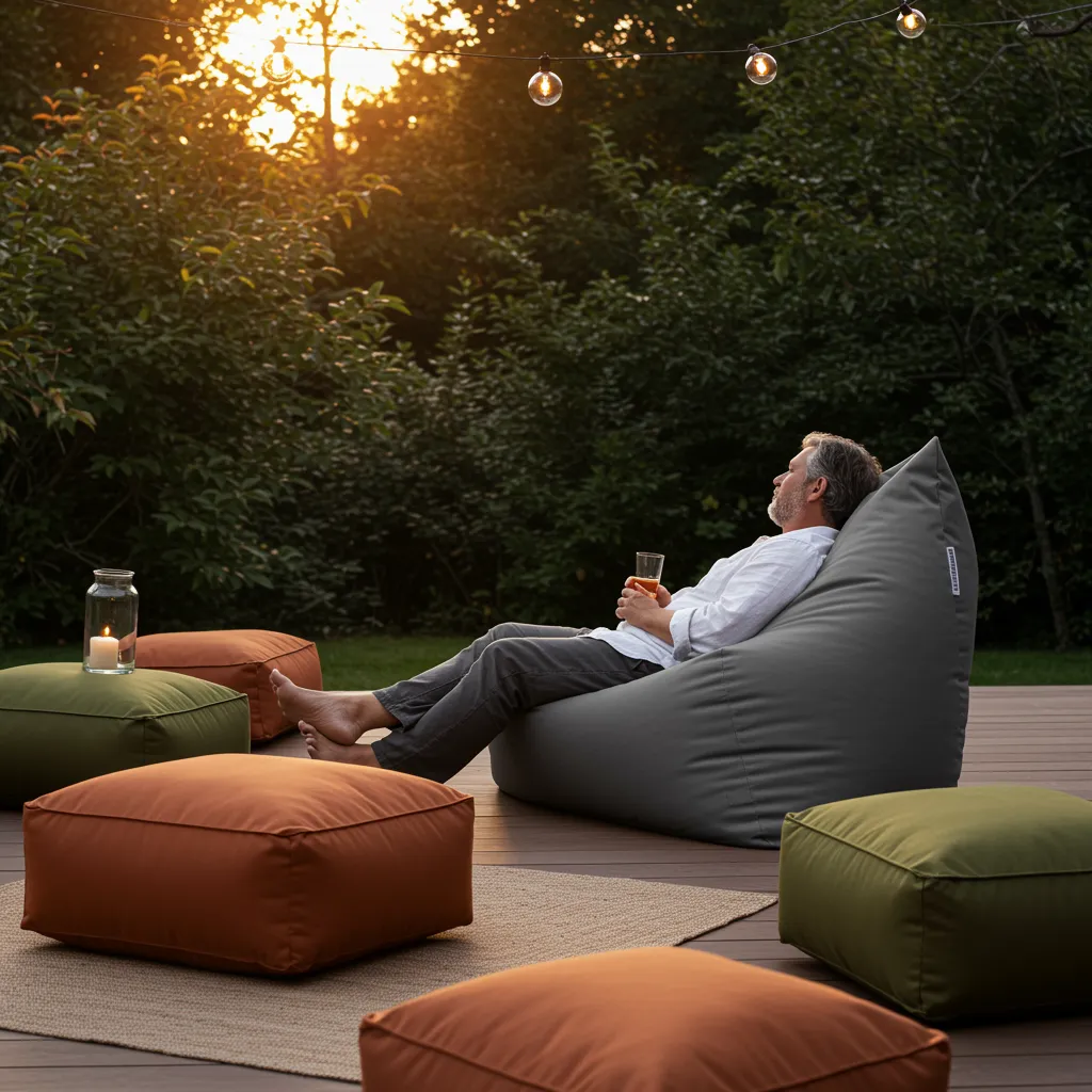 Editorial photo of an stylish outdoor patio scene at dusk, featuring an adult figure lounging effortlessly in a large, weather-resistant grey bean bag chair placed on a warm wooden deck. The scene is bathed in soft, golden hour light filtering through lush green foliage in the background. Nearby, a variety of other comfortable outdoor floor cushions in earthy tones like terracotta and olive green are scattered invitingly. The composition is relaxed yet sophisticated, conveying a sense of ultimate comfort and tranquility. Adults only, no children.