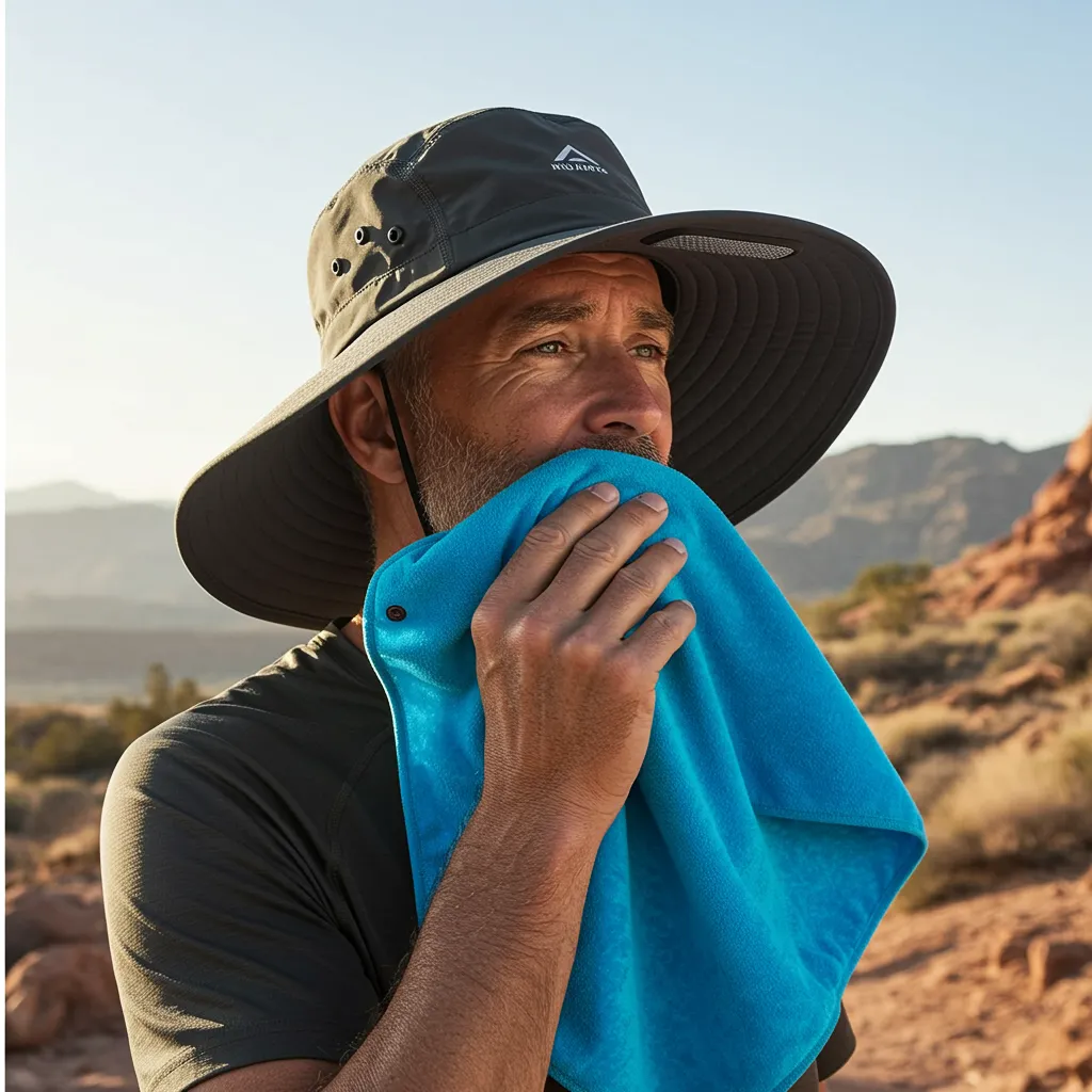 An editorial-style image of an adult, male hiker wearing a wide-brimmed hat with integrated cooling technology, wiping his brow with a vibrant blue cooling towel. He is standing on a rocky, sun-drenched trail with arid landscape behind him. The light is harsh midday sun, casting strong shadows. Focus on the texture of the hat material and the dampness of the towel. Adults only, no children.