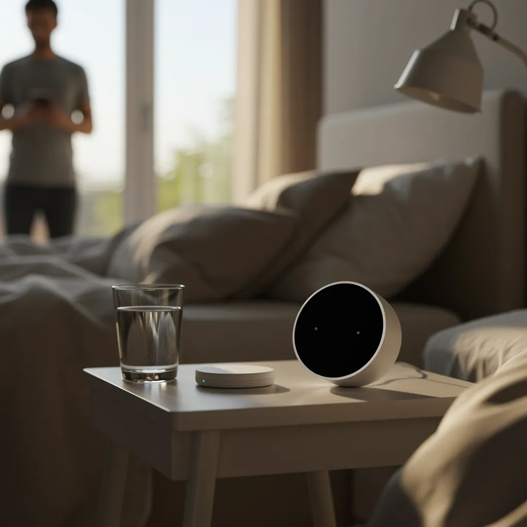A modern, sun-drenched bedroom scene with soft morning light streaming through large windows. On a minimalist nightstand, a sleek smart alarm clock illuminates gently next to a wireless phone charger and a glass of water. The focus is on the subtle glow of technology enhancing a peaceful wake-up. The room features soft neutral colors and clean lines, conveying tranquility and modern living. Include a blurred adult figure in the background, hinting at effortless living. Editorial style, high-quality, adults only, no children.
