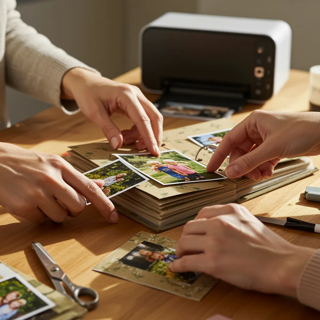Adults enjoying printed photos from a portable printer while scrapbooking, close-up shot of hands and printer. No children.