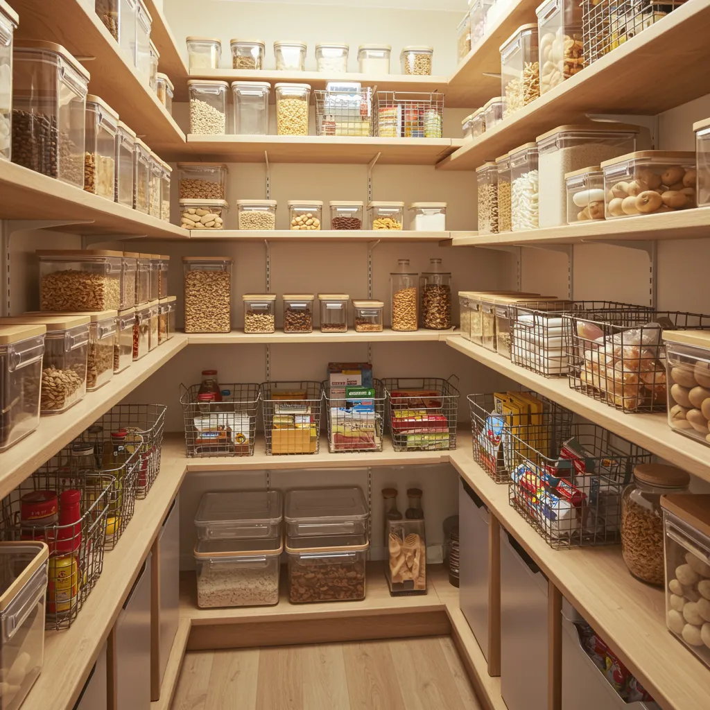Elevated wide shot of a well-organized modern pantry. Shelves are filled with uniform glass and bamboo containers, wire baskets holding various goods, and clear acrylic organizers. Soft, warm light streams in from a nearby window, highlighting the tidiness. Surfaces are clean and minimalist. The focus is on the practical, affordable organization solutions. Editorial style, high resolution, adults only, no children.