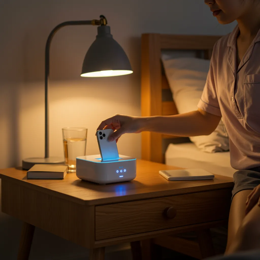 Person placing a phone into a UV sanitizer box on a bedside table at night, warm lighting
