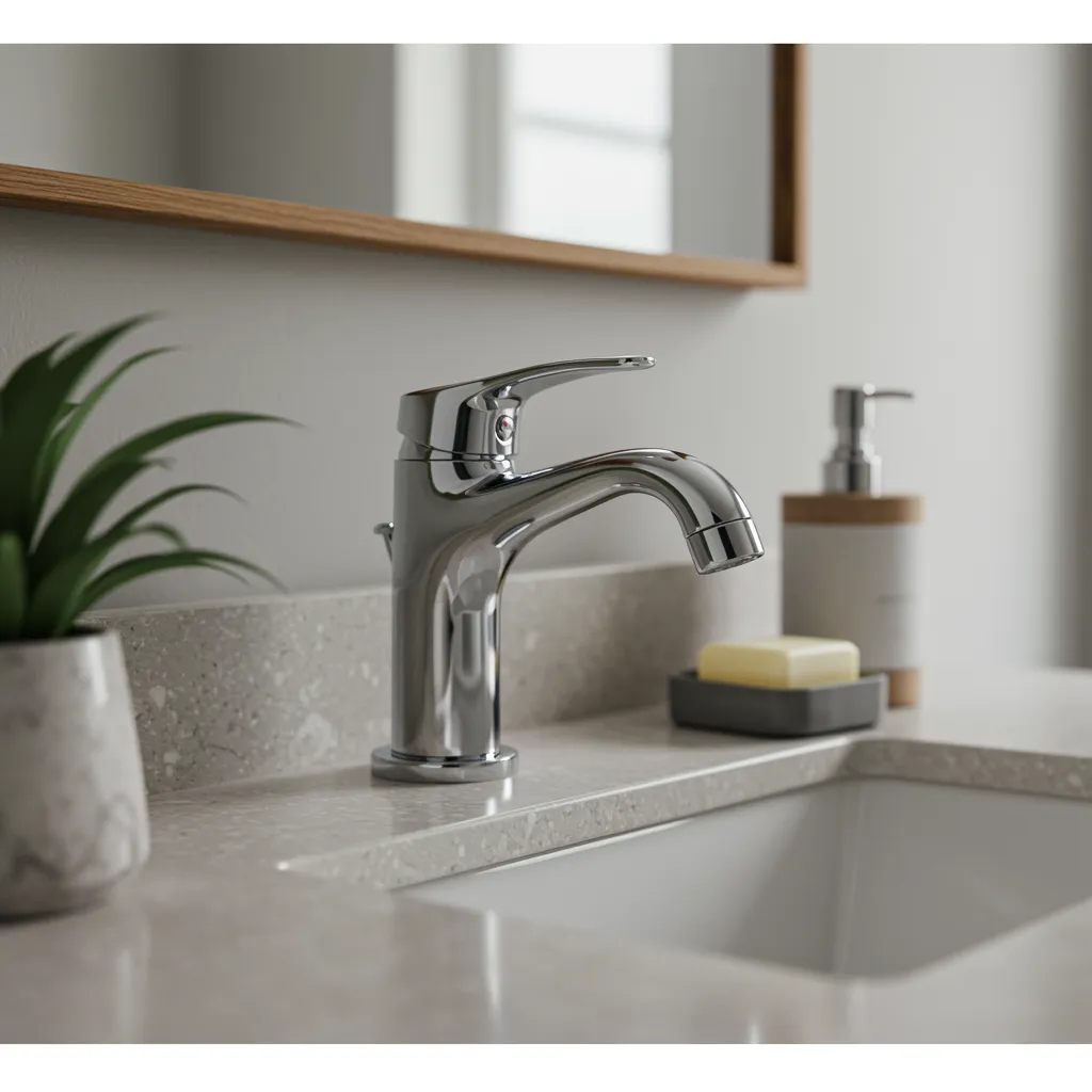 Close-up, slightly low-angle shot of a stylishly updated bathroom vanity. A new, sleek water-saving faucet is the focal point. Subtle decorative elements like a small plant and a chic soap dispenser are present. The countertop is a neutral tone, possibly marble or quartzette. Soft, diffused lighting gives a clean, refreshed feel. The image emphasizes the impact of a small but significant upgrade. Editorial style, high resolution, adults only, no children.