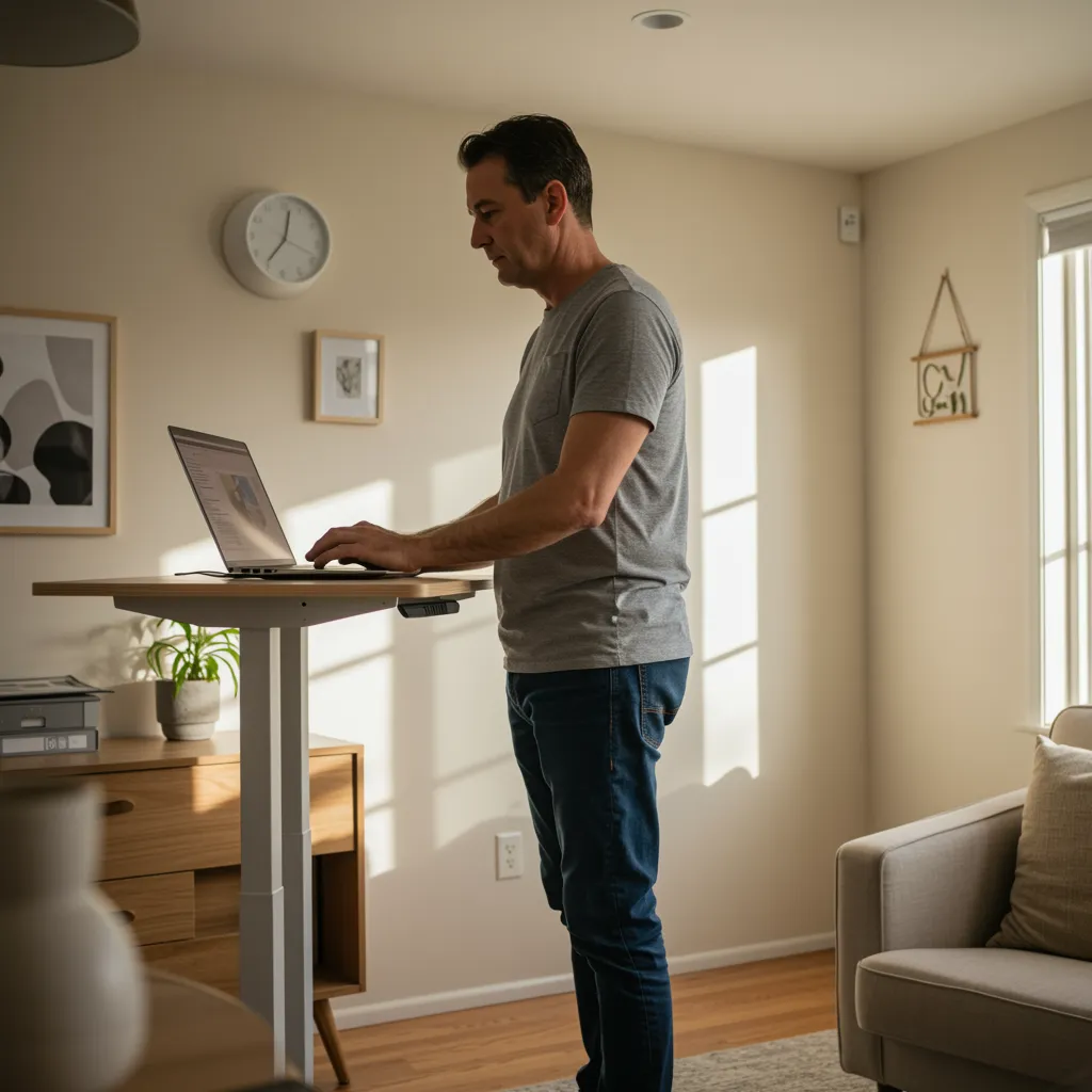 Man standing and working on a laptop at a standing desk converter in a home office