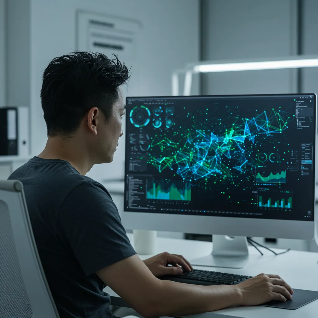 An adult looking at a monitor with abstract data visualizations, no children present.