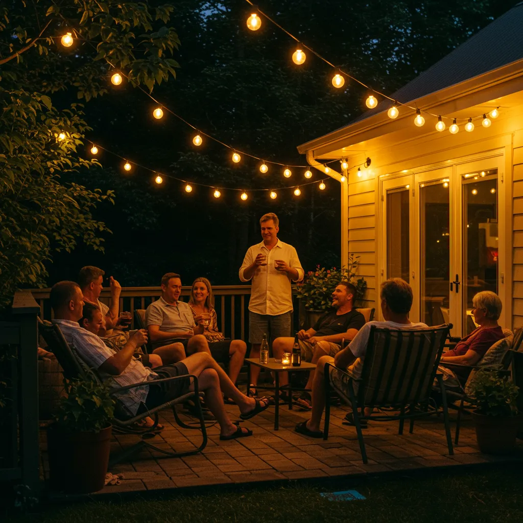 Adults enjoying a summer evening on a patio illuminated by warm, cascading string lights