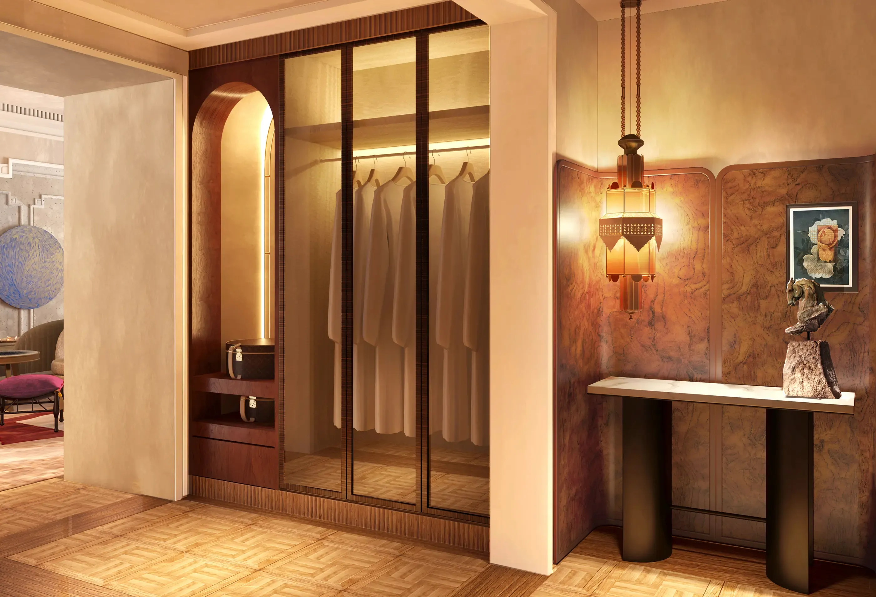 Luxurious walk-in closet with a built-in wardrobe, glass doors, and an elegant console table.