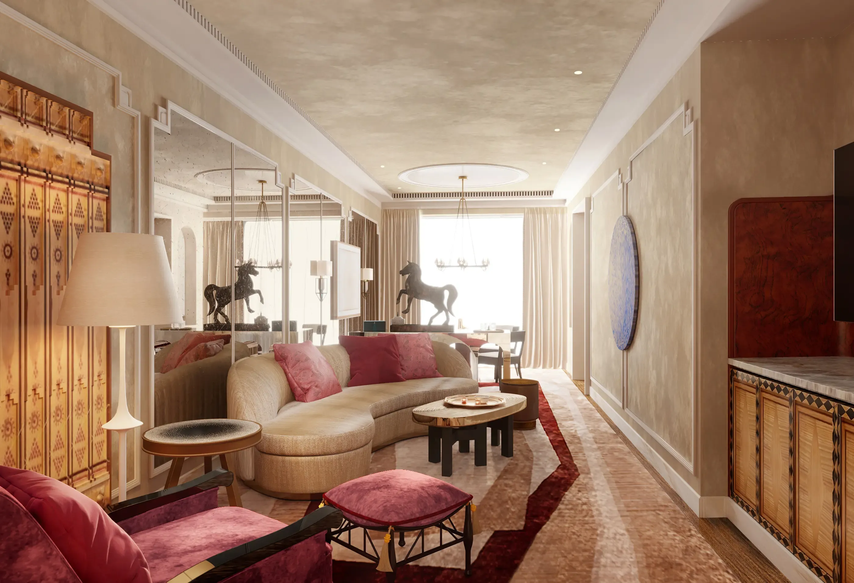 Luxurious living room with a pink curved sofa, elegant furnishings, and reflective decor.