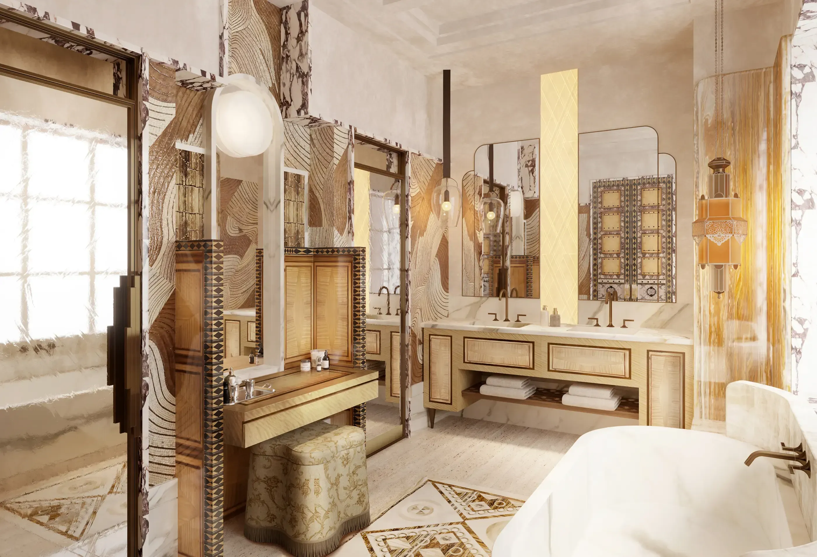 Luxurious Art Deco bathroom with double vanity, vanity table, and patterned walls adjoining a bedroom.