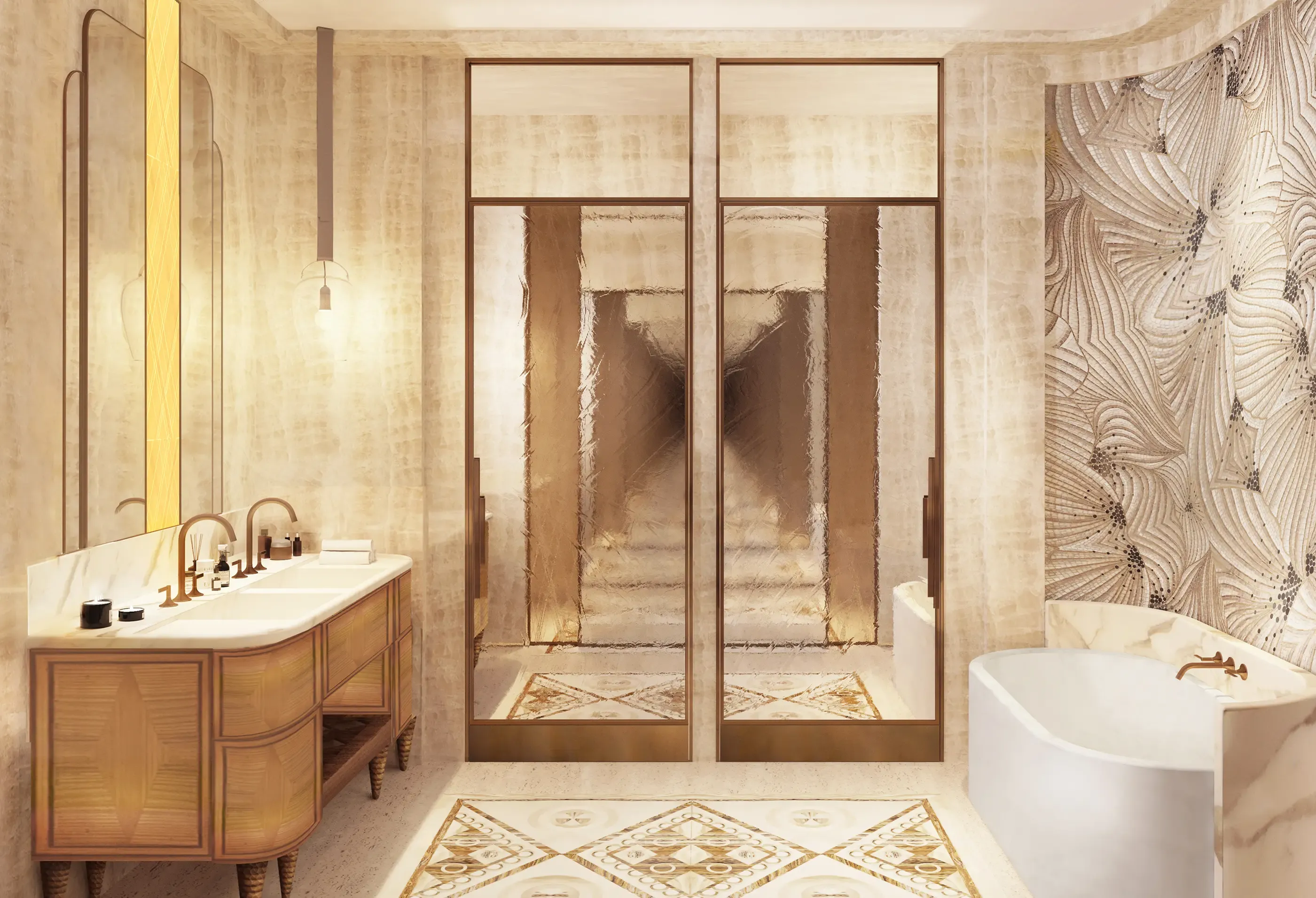 Luxurious bathroom with double vanity, freestanding tub, and elegant mirrored walls.